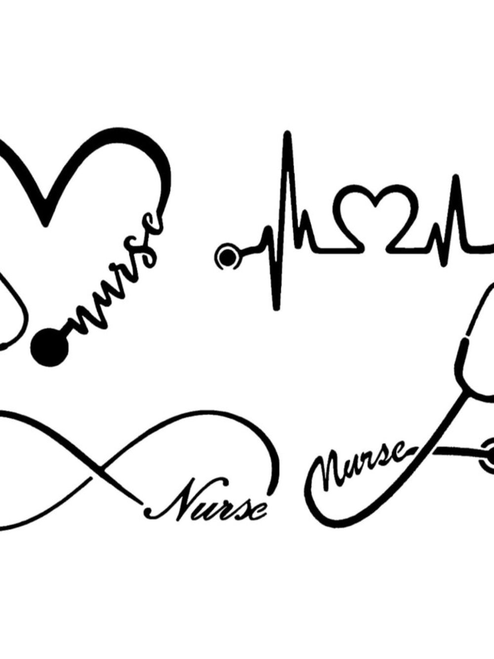 Nurse Decal Pack: Heart, Heartbeat, Infinity, Stethoscope Black, Small 3.5"